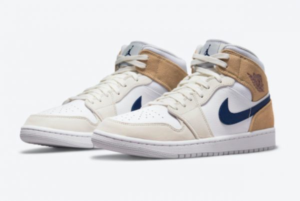 Latest Air Jordan 1 Mid Tan Suede White Tan-Navy 2021 For Sale DO6726-100-2