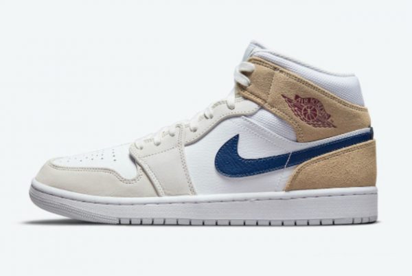 Latest Air Jordan 1 Mid Tan Suede White Tan-Navy 2021 For Sale DO6726-100