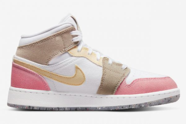 Latest Air Jordan 1 Mid GS Canvas Pink/Tan/Soft Yellow/Lime Green/White 2021 For Sale DJ0338-100-1