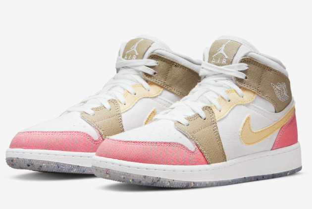 Latest Air Jordan 1 Mid GS Canvas Pink/Tan/Soft Yellow/Lime Green/White 2021 For Sale DJ0338-100