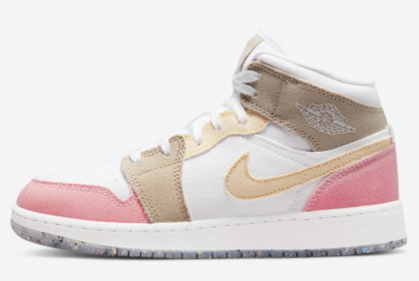 Latest Air Jordan 1 Mid GS Canvas Pink/Tan/Soft Yellow/Lime Green/White 2021 For Sale DJ0338-100