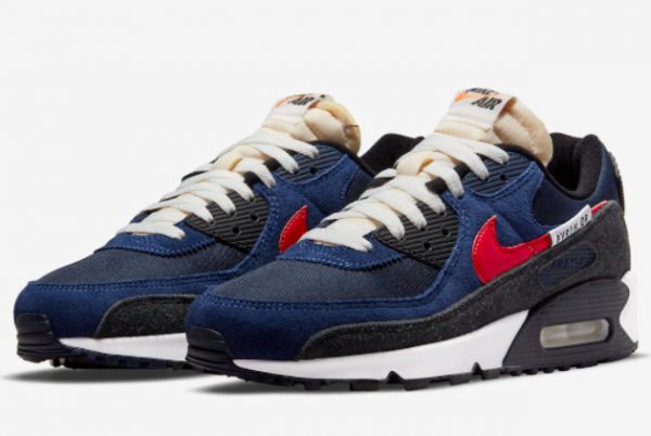 Latest Nike Air Max 90 SE Running Club Deep Royal University Red-Black-Obsidian 2021 For Sale DC9336-400-2