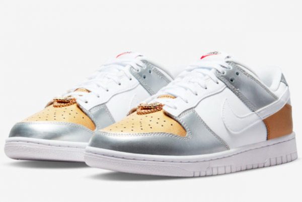 Latest Nike Dunk Low WMNS Metallic Gold Silver-University Red-White 2022 For Sale DH4403-700-2
