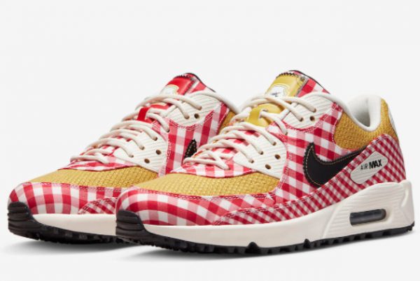 Latest Nike Air Max 90 Golf Picnic University Red Sail-Sanded Gold-Black 2022 For Sale DH5244-600-2