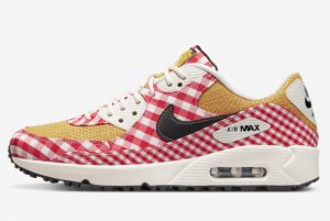 Latest Nike Air Max 90 Golf Picnic University Red Sail-Sanded Gold-Black 2022 For Sale DH5244-600
